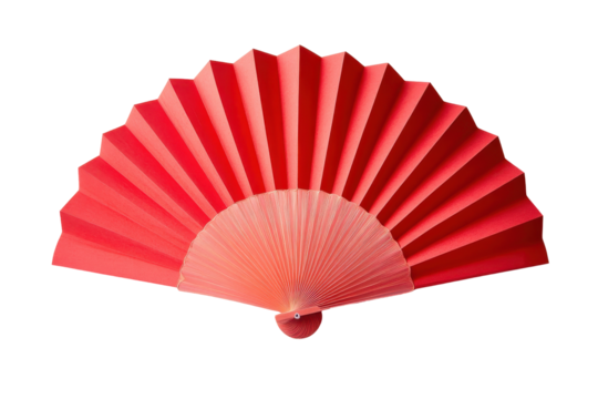 Red paper fan with intricate design isolated on transparent background. Red oriental paper fan shown in an open display with intricate folds isolated on white background.