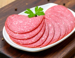Sliced salami on a white plate