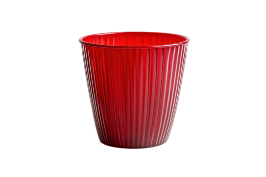 Bright red textured cup isolated on transparent background. Red plastic cup with a ribbed design isolated on white background.
