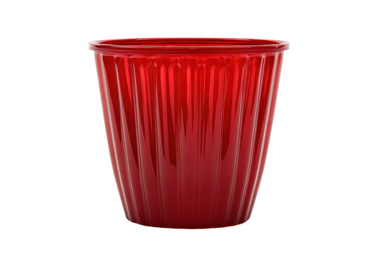Bright red textured cup isolated on transparent background. Red plastic cup with a ribbed design isolated on white background.