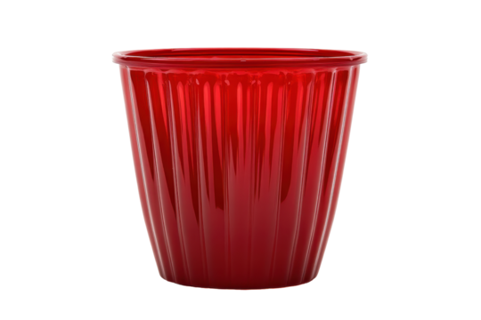 Bright red textured cup isolated on transparent background. Red plastic cup with a ribbed design isolated on white background.