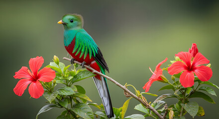 Fototapeta premium Emerald Quetzal Perched Amidst Vibrant Hibiscus Blooms: A Portrait of Tropical Elegance, Showcasing Nature's Artistry with Feathered Beauty and Floral Splendor Depicted in Vivid Detail