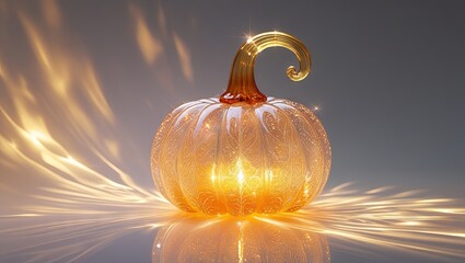 Glass pumpkin with a golden stem and a magical sparkling glow, resting on a reflective surface