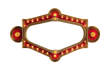 Vintage marquee sign with red and gold accents isolated on transparent background. Retro marquee sign with lights featuring a large blank space isolated on white background.