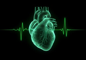 Futuristic Human Heart Hologram in Green Laser Light for Medical Technology and Health Science