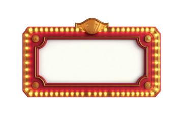 Vintage marquee sign with blank white space isolated on transparent background. Retro marquee sign with lights featuring a large blank space isolated on white background.