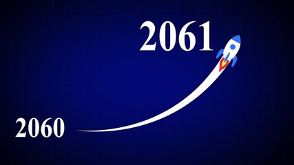 Animated numbers transitioning from 2060 to 2061 with a flying rocket on transparent background. Symbolizes future progress, new year startup goals,  motion graphic 4k video