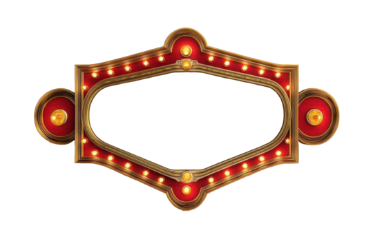 Vintage marquee sign with red and gold accents isolated on transparent background. Retro marquee sign with lights featuring a large blank space isolated on white background. - Powered by Adobe