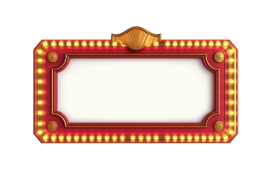 Vintage marquee sign with blank white space isolated on transparent background. Retro marquee sign with lights featuring a large blank space isolated on white background.