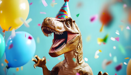 Tyrannosaurus Rex wears party hat, celebrates birthday with cake, balloons, confetti. Fun, festive dino theme for kids party, cheerful celebration. Bright colors, happy occasion