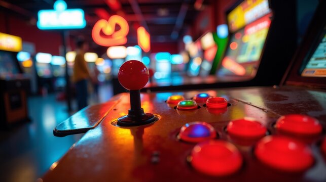 Retro arcade game control panel with vibrant neon lights in a gaming hall
