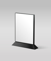 Table tent mockup. Plastic and acrylic table talker, promotional upright menu table tent sign holder, table menu card display stand picture frame for mock up and template design. Desktop advertising