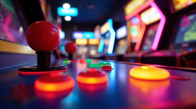Vibrant retro arcade game control panel with illuminated joystick and colorful buttons
