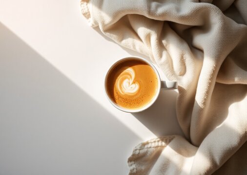 A comforting coffee cup with heart latte art rests on a white surface next to a soft blanket, bathed in warm sunlight.