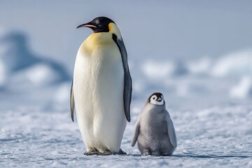 Obraz premium An adult emperor penguin stands beside a fluffy gray chick on a snowy landscape. The scene captures the bond between parent and offspring in a cold environment.