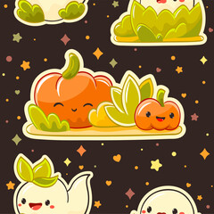 Vector seamless background with cute eye-catching Halloween characters. Tiling Halloween backdrop with ghost, pumpkin. Endless texture can be used for pattern fills, web page background, fabric design