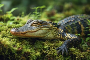 Obraz premium A close-up of a young American alligator resting on green moss in a lush environment. The alligator has a textured skin with dark and light patterns.