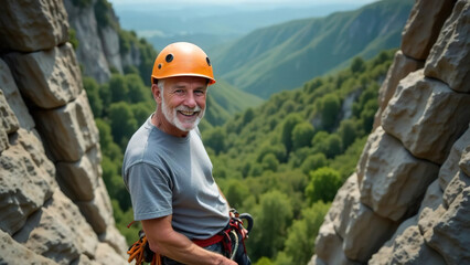 attractive elderly caucasian smiling man climber on mountain. extremal old man on stone wall. extrem jorney. active sport life. pensioner traveler rock climber climbs a rock. 4K.