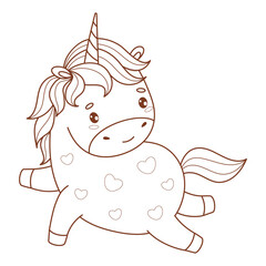 Outline Cute Romantic Unicorn with Hearts. Funny Playful Little Horse Kawaii Animal. Line drawing, coloring book. Vector illustration. Kids collection. Not AI