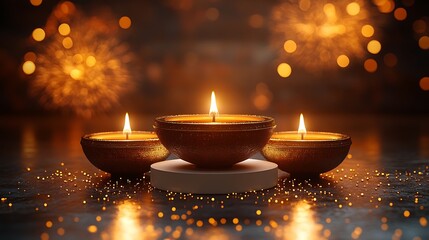 Three lit golden diyas on a pedestal with sparkling lights flame