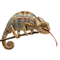 Obraz premium Chameleon on branch with tongue extended