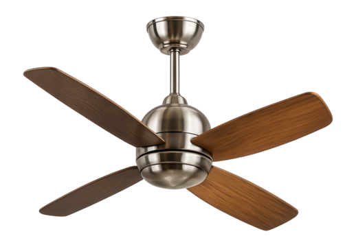 Three-speed ceiling fan with reversible blades in a residential living room.