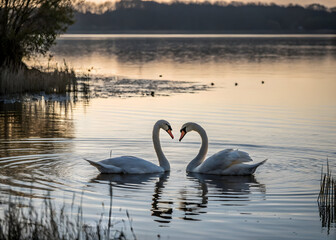 Fototapeta premium Two white swans forming a heart shape on a tranquil lake at sunset bird birds