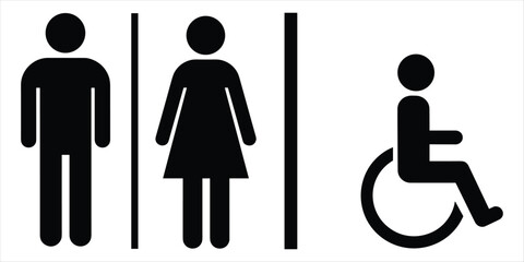 Restroom signs for men women and disabled individuals on white background toilet public facility