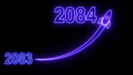 Animated numbers transitioning from 2083 to 2084 with a flying rocket on transparent background. Symbolizes future progress, new year startup goals, business plans. motion graphic 4k video