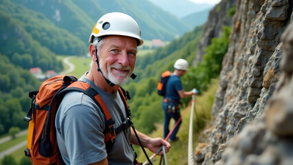 attractive elderly caucasian smiling man climber on mountain. extremal old man on stone wall. extrem jorney. active sport life. pensioner traveler rock climber climbs a rock. 4K.