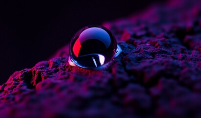 A vibrant water droplet reflects striking neon colors on a dark, textured surface, creating a mesmerizing abstract scene.