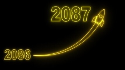 Animated numbers transitioning from 2086 to 2087 with a flying rocket on transparent background. Symbolizes future progress, new year startup goals, business plans. motion graphic 4k video