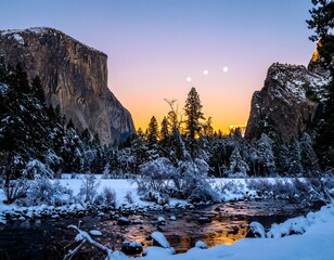 A winter sunrise paints the majestic granite cliffs of a snowy valley, highlighting the beauty of nature's serene landscape.