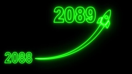 Animated numbers transitioning from 2088 to 2089 with a flying rocket on transparent background. Symbolizes future progress, new year startup goals, business plans. motion graphic 4k video