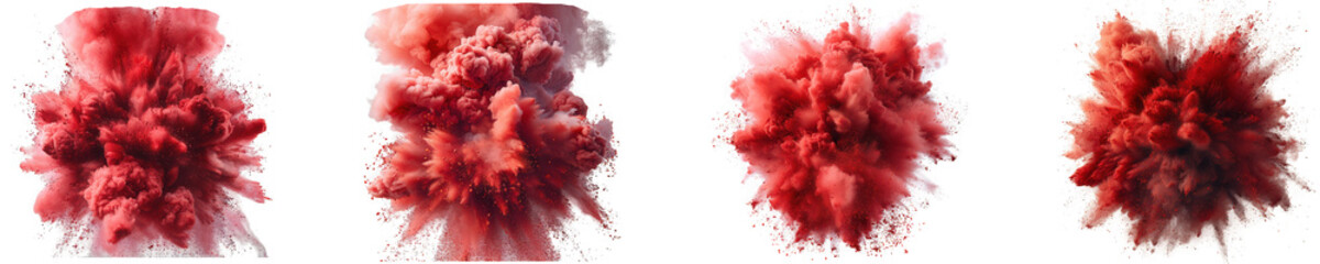 Fototapeta premium Vibrant red powder explosion set, isolated on transparent background, showcasing dynamic burst of color and energy for abstract design and creative concepts