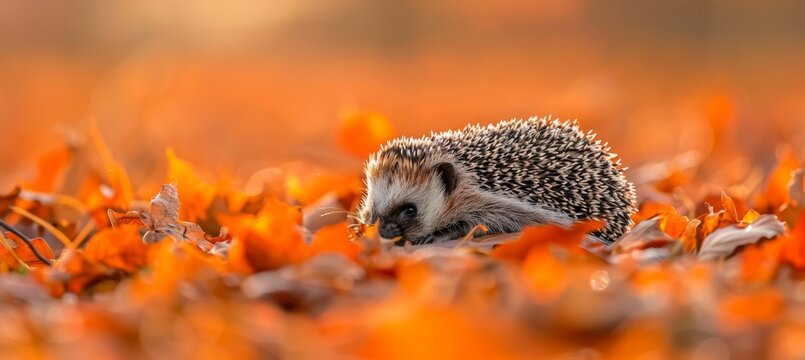 Adorable hedgehog curled up snugly in a bed of vibrant fallen leaves during autumn season - Powered by Adobe