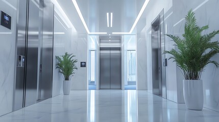 Modern Office Lobby with Elevators with Plants, and and Marble Walls  Architecture.
