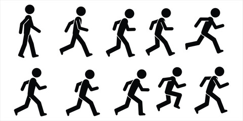 Ten Running Stick Figure Silhouettes in Sequence on White Background motion movement