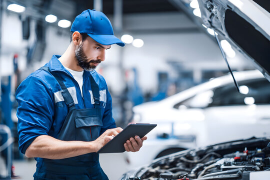Mechanic using tablet inspecting car engine in auto repair shop with open hood and blue uniform and cap