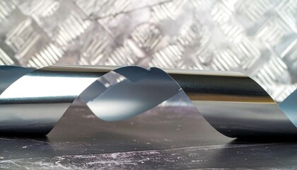 Abstract Liquid Chrome Ribbon Folds with High Specular Waves Against Metallic Textured Background