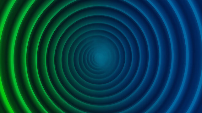 The 3D abstract design features concentric circular layers, with bright green shading on the left side and deep blue shading on the right, creating a glowing tunnel-like effect. - Powered by Adobe