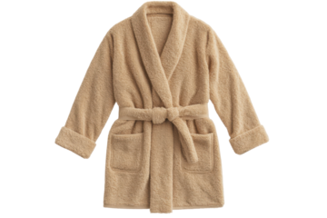 Cozy plush robe with belt isolated on transparent background. Soft beige bathrobe with pockets and belt isolated on white background.