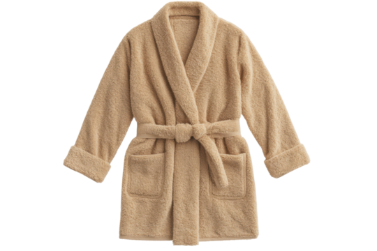 Cozy plush robe with belt isolated on transparent background. Soft beige bathrobe with pockets and belt isolated on white background.
