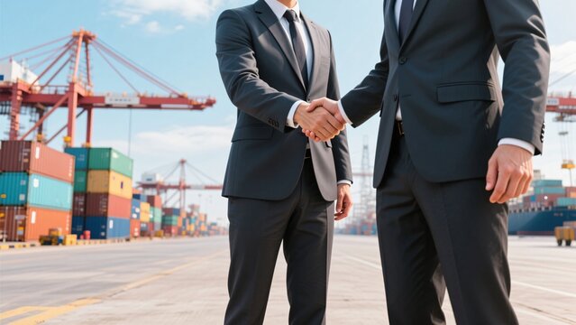 Business agreement handshake between executives at shipping docks with containers and cranes showing logistics cooperation