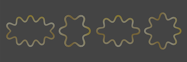 Set of decorative frames made of golden twisted rope in various star shapes. Element for certificates, awards, festive invitations, events. Vector