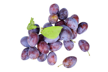 pile of plums with leaves top view isolated on white or transparent png