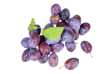 pile of plums with leaves top view isolated on white or transparent png