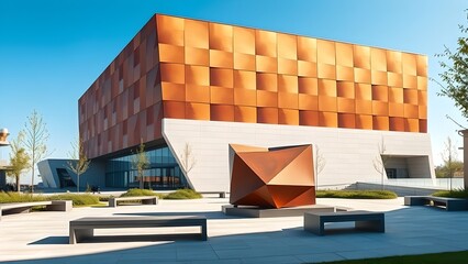 A red brick building with blue containers on the roof, next to a cargo freight ship in a city port