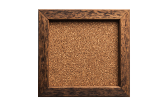 Rustic wooden picture frame with textured surface isolated on transparent background. Square bork bulletin board with wooden frame isolated on white background.