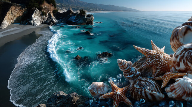 Summer sale vector banner. Summer background with top view on realistic seashells and starfishes on sea beach. Vector illustration with special discount offer.